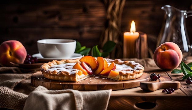 Photo rustic scene with a slice of rustic peach galette on a wooden plate