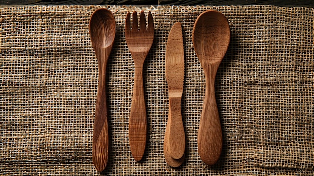 A rustic set of wooden cutlery including a fork knife and spoon laid out on a coarse burlap tablecloth