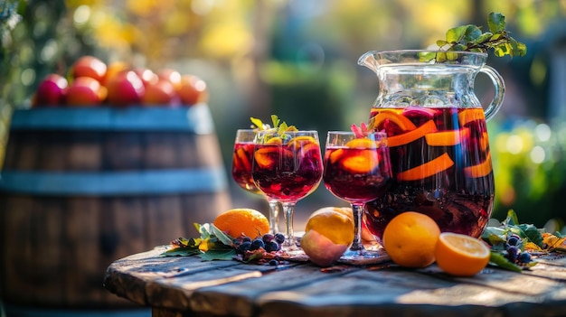 Photo a rustic setting with full glasses of fruity and winey sangria