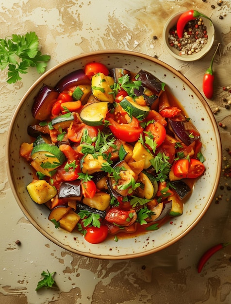 Photo rustic spanish pisto a colorful vegetable stew featuring eggplant zucchini and tomatoes