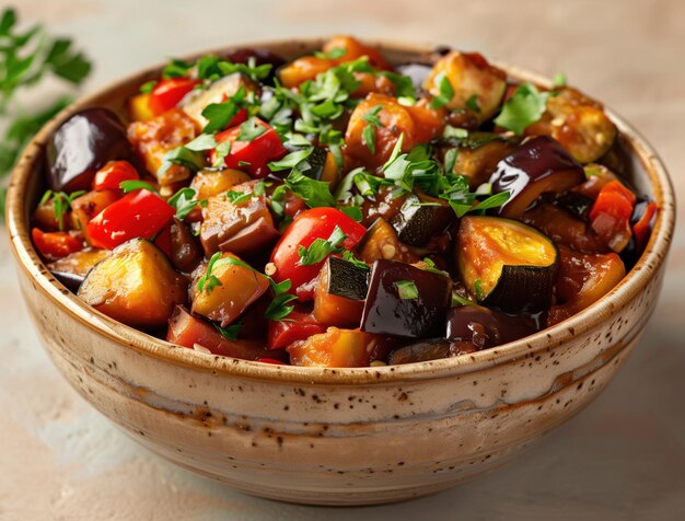 Photo rustic spanish pisto a colorful vegetable stew featuring eggplant zucchini and tomatoes