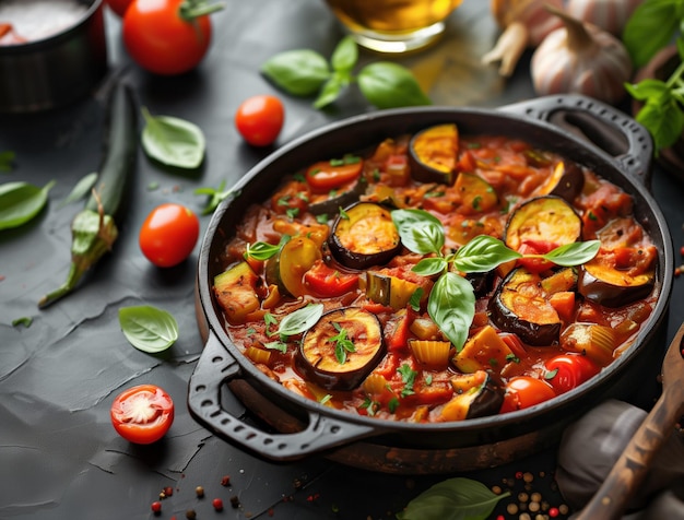 Rustic Spanish pisto with fresh vegetables close up food photography