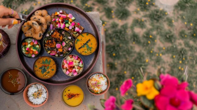 Photo a rustic spread of indian cuisine on a wooden tray