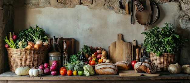 Photo rustic still life of fresh harvest and bread