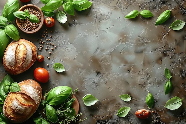 Rustic still life of fresh organic basil leaves tomatoes and artisan bread on a dark stone table