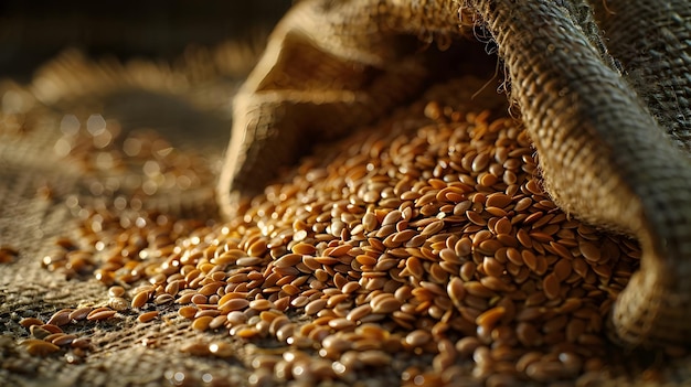 Rustic Still Life of Ripe Flaxseeds Spilling from Burlap Sack with Warm Lighting and Soft Focus