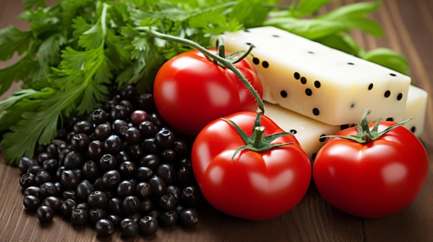 Rustic still life with black olives cheese lettuce tomatoes and green onions on wooden table