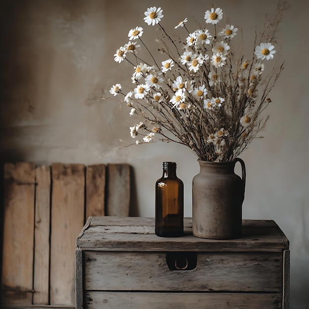 Rustic Still Life with Daisies Brown Bottle and Clay Jug on Wooden Table