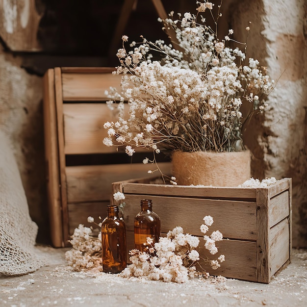 Rustic Still Life with Dried Flowers and Amber Bottles