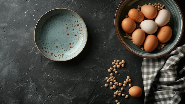 Photo rustic still life with fresh eggs in bowl and speckled plate on dark background