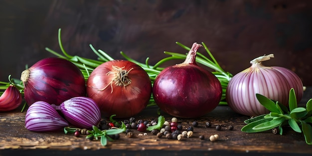 A rustic still life with red onions shallots herbs and peppercorns Concept Food Photography Rustic Still Life Herbs and Spices Cooking Ingredients Kitchen Scene