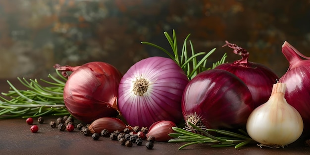 A rustic still life with red onions shallots herbs and peppercorns Concept Rustic Still Life Red Onions Shallots Herbs Peppercorns