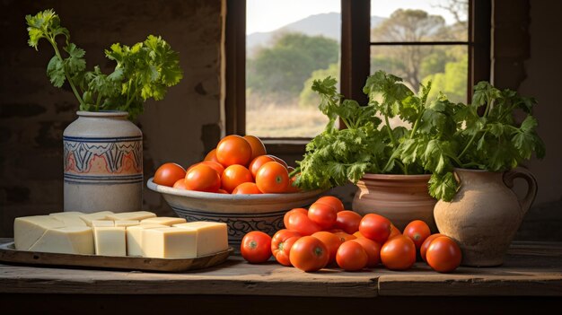 Rustic still life with tomatoes cheese and fresh herbs on vintage wooden table