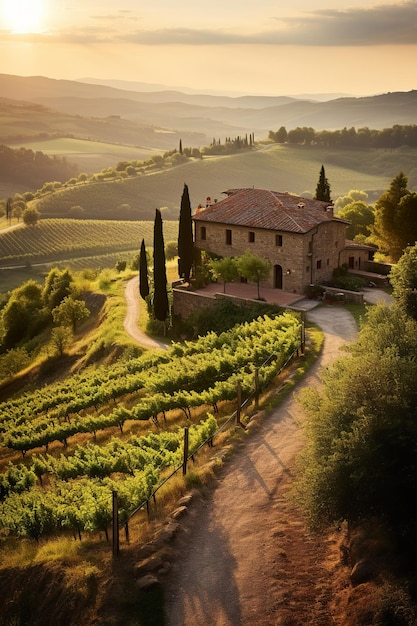 Rustic stone houses amidst rolling hills in Chianti