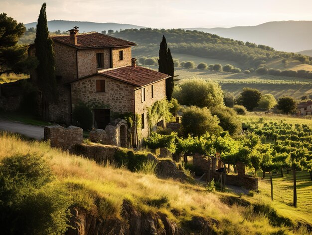 Rustic stone houses amidst rolling hills in Chianti