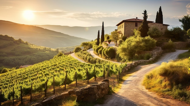 Rustic stone houses amidst rolling hills in Chianti