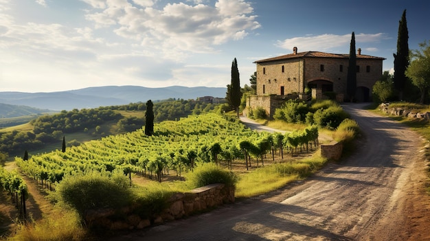 Rustic stone houses amidst rolling hills in Chianti