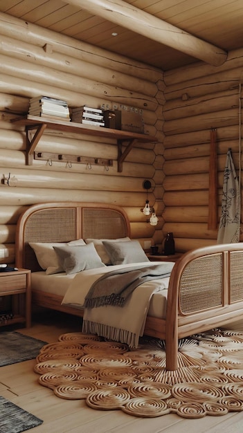 Photo rustic style bed room interior with wooden crafting and cozy furnishings