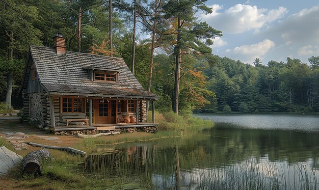 Photo rustic summer cabin by a lake surrounded by pines