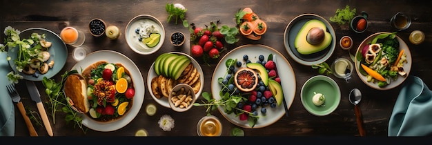 Rustic Sunday Brunch Spread Assortment of Baked Goods Avocado Toasts Fresh Fruit and Coffee