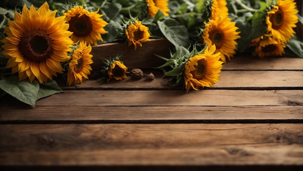 rustic sunflowers against wooden wall background