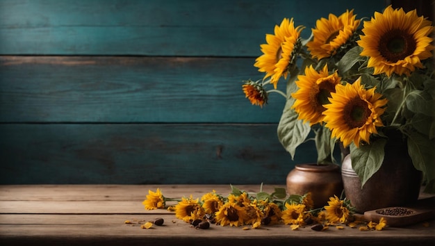 rustic sunflowers against wooden wall background