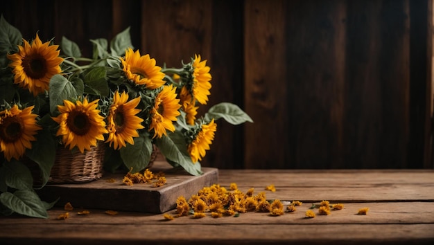 rustic sunflowers against wooden wall background