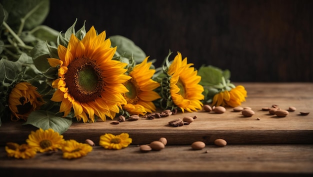 rustic sunflowers against wooden wall background