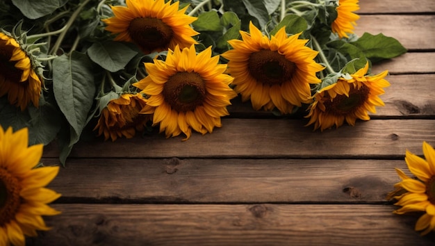 rustic sunflowers against wooden wall background