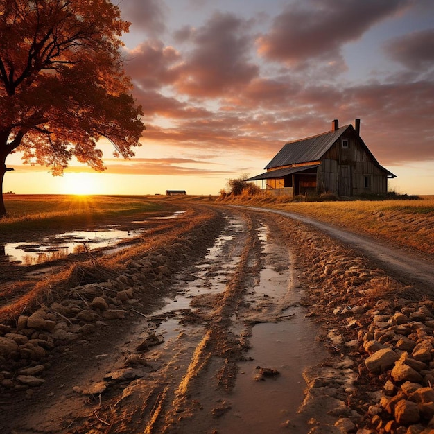 Rustic Sunset Splendor Autumn Landscape Photo