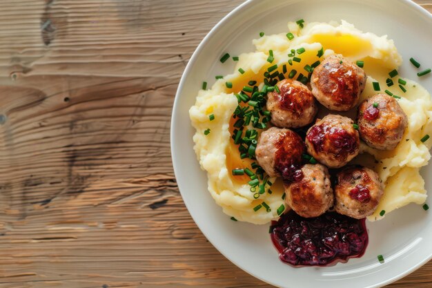 Photo rustic swedish meatballs with mashed potatoes and lingonberry sauce on wooden table