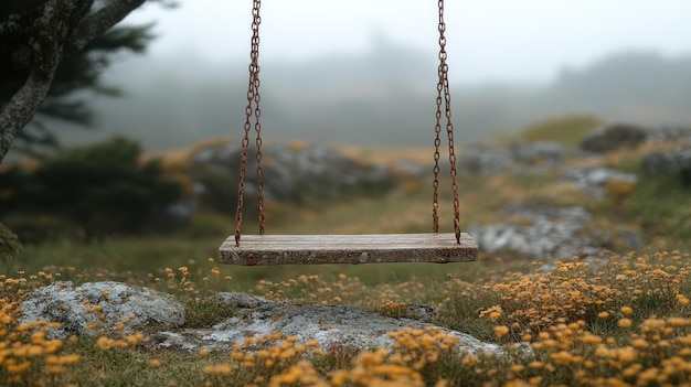 Photo a rustic swing in a misty landscape