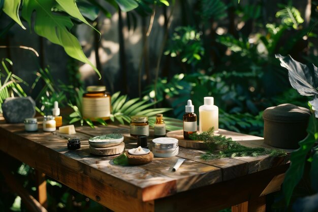 Photo a rustic table bathed in natural light showcases an array of skincare products amidst a lush verdant garden