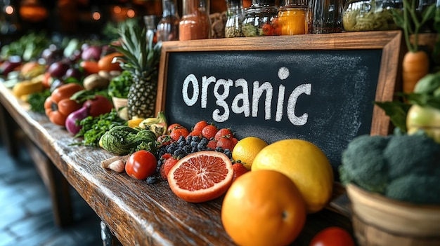 A rustic table displays a vibrant array of fresh organic fruits and vegetables