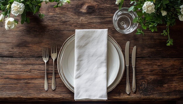 A rustic table setting with linen cloth against tableware