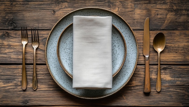 A rustic table setting with linen cloth against tableware