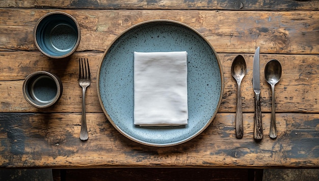 A rustic table setting with linen cloth against tableware