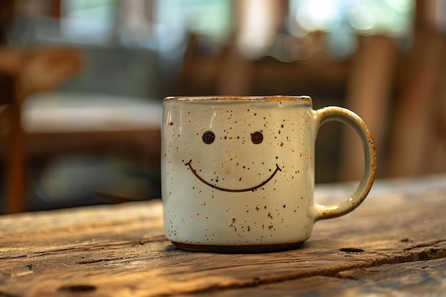 On a rustic table a smiling new mug Generative AI