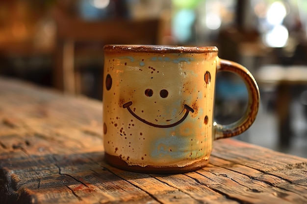 On a rustic table a smiling new mug Generative AI