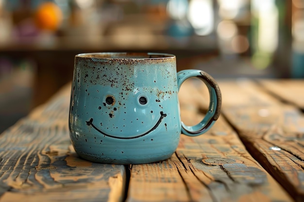 On a rustic table a smiling new mug Generative AI