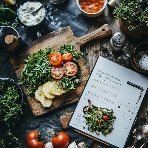 Photo a rustic table with a cutting board with zucchini slices tomatoes and arugula a notebook with meal plans and herbs