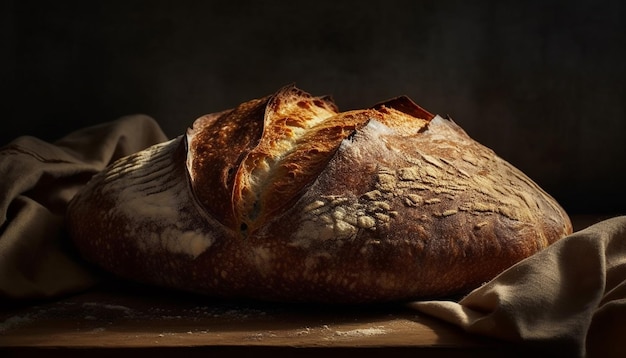 A rustic table with fresh baked bread generated by AI