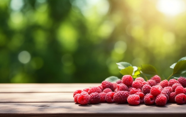 Rustic Table with Fresh Raspberries and Empty Space in Natural Setting Generative AI