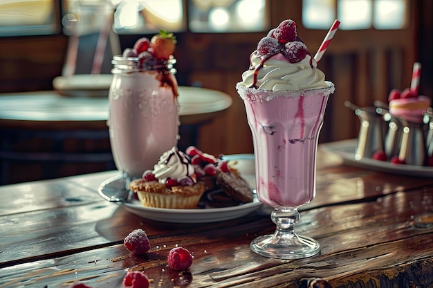 Photo rustic table with gourmet dessert and milkshake