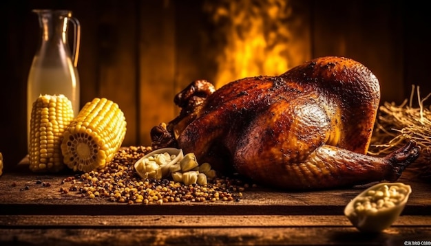 Rustic table with grilled poultry baked pumpkin and fresh vegetables generated by artificial intelligence