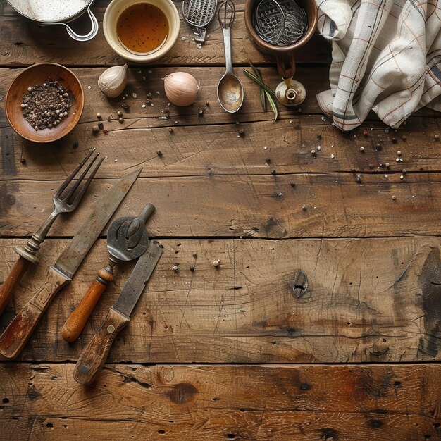 Photo rustic table with vintage kitchen tools and ample space for text perfect for culinary and historical themes