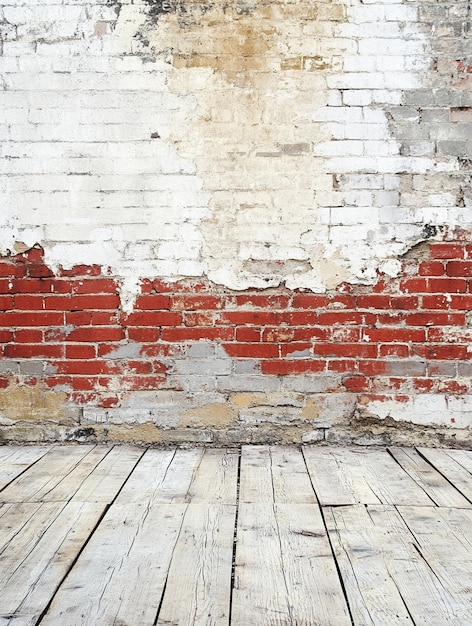 Photo rustic textured wall with weathered red brick and wooden floor background