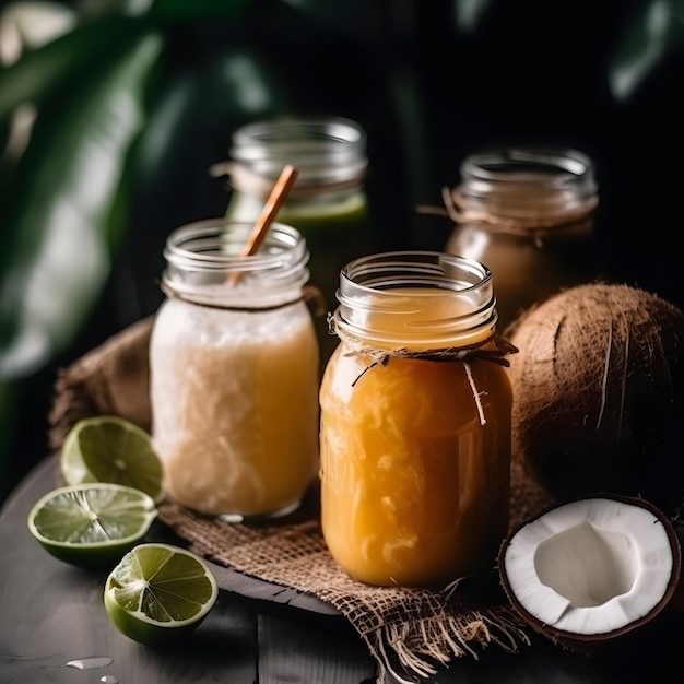 Rustic Textures of Layered Tropical Fruit Juices in Jars