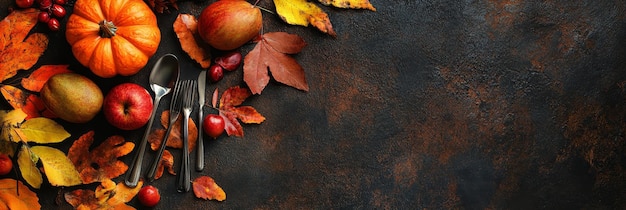 Photo a rustic thanksgiving table setting with fall leaves a pumpkin apples and cutlery symbolizi