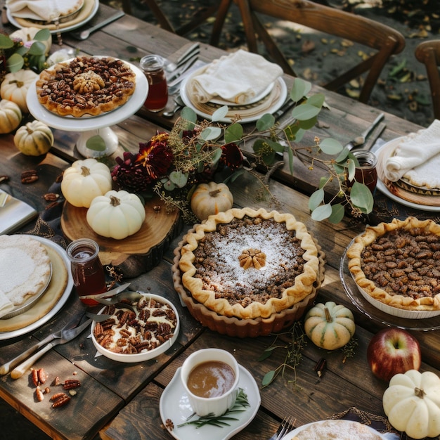 Photo rustic thanksgiving table setting with pie pumpkins and fall foliage